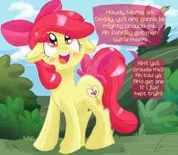 Size: 800x700 | Tagged: safe, artist:lucidlarceny, apple bloom, earth pony, pony, g4, adorabloom, alternate cutie mark, blushing, cute, eye clipping through hair, female, filly, floppy ears, open mouth, open smile, smiling, solo, speech bubble