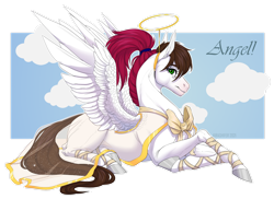 Size: 1920x1397 | Tagged: safe, artist:dementra369, oc, oc only, oc:sunny way, pegasus, pony, bow, female, halo, mare, ponytail, solo