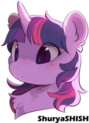 Size: 1308x1802 | Tagged: safe, artist:apple_nettle, twilight sparkle, pony, collaboration:too many twilight, g4, bust, chest fluff, collaboration, cute, ear fluff, eye clipping through hair, female, horn, portrait, simple background, solo, transparent background, twiabetes