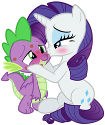 Size: 1095x1298 | Tagged: safe, artist:georgegarza01, rarity, spike, dragon, pony, unicorn, g4, blushing, cheek kiss, cute, female, kiss mark, kissing, lipstick, love, male, raribetes, rework, romantic, ship:sparity, shipping, show accurate, simple background, spikabetes, straight, transparent background, vector, winged spike, wings