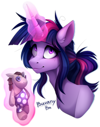 Size: 1137x1443 | Tagged: safe, artist:buvanybu, smarty pants, twilight sparkle, pony, collaboration:too many twilight, g4, lesson zero, alternate hairstyle, bust, chest fluff, collaboration, ear fluff, female, freckles, glowing, glowing horn, horn, magic, magic aura, messy mane, ponytail, signature, simple background, solo, telekinesis, transparent background, twilight snapple