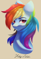 Size: 2032x2894 | Tagged: safe, artist:hally-zalakir123, rainbow dash, pegasus, pony, g4, bust, cheek fluff, collaboration, female, high res, mare, orange background, portrait, signature, simple background, smiling, solo