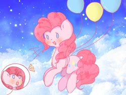 Size: 900x675 | Tagged: safe, artist:mieumieu123123, pinkie pie, earth pony, pony, g4, balloon, beady eyes, cloud, cute, cuteamena, diapinkes, duality, female, floating, flying, mare, open mouth, pinkamena diane pie, sky, then watch her balloons lift her up to the sky, whisker markings