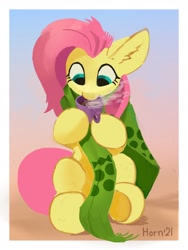 Size: 1520x2022 | Tagged: safe, artist:hornmlp, fluttershy, pegasus, pony, g4, clothes, cup, cute, drink, drinking, ear fluff, female, food, hoof hold, hot drink, looking at something, looking down, mare, mug, scarf, shyabetes, sitting, solo, steam, tea, teacup, underhoof
