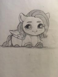 Size: 1536x2048 | Tagged: safe, artist:miokomata, fluttershy, pegasus, pony, g4, cheek fluff, chibi, cute, ear fluff, female, freckles, freckleshy, grayscale, looking at you, lying down, mare, monochrome, pencil drawing, prone, shyabetes, smiling, smiling at you, solo, traditional art