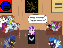 Size: 2048x1536 | Tagged: safe, artist:chanyhuman, descent, night glider, nightshade, party favor, starlight glimmer, sugar belle, earth pony, pegasus, pony, unicorn, g4, allegory, cult, dark, disturbing, egalitarianism, equal sign, equalized, jim jones, jonestown, op is a duck, reference, s5 starlight, shadowbolts, shitposting, smiling, story included, tyrant glimmer