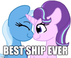 Size: 532x437 | Tagged: artist needed, safe, starlight glimmer, trixie, pony, unicorn, g4, caption, eyes closed, female, image macro, imgflip, lesbian, mare, op has an opinion, ship:startrix, shipping, simple background, smiling, text, white background