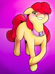 Size: 1536x2048 | Tagged: safe, alternate version, artist:barnnest, apple bloom, earth pony, pony, g4, the last problem, abstract background, blushing, clothes, female, floppy ears, goldie delicious' shawl, grin, mare, older, one eye closed, shawl, smiling, solo