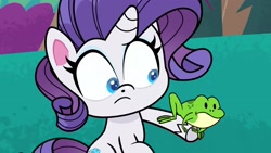 Size: 1920x1080 | Tagged: safe, screencap, rarity, frog, pony, unicorn, a camping we will go, g4.5, my little pony: pony life, disturbed, female, mare, surprised