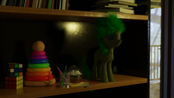 Size: 1920x1080 | Tagged: safe, artist:lyramylittleclop, derpibooru exclusive, oc, earth pony, pony, 3d, bedroom, blender, cute, earth pony oc, fluffy, photorealistic, plushie, pony plushie, realistic, shelf, toy