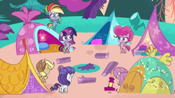 Size: 1920x1080 | Tagged: safe, screencap, applejack, fluttershy, pinkie pie, rainbow dash, rarity, twilight sparkle, alicorn, earth pony, pegasus, pony, unicorn, a camping we will go, g4.5, my little pony: pony life, bipedal, book, butt, camping, crossed hooves, female, flying, hooves on hips, lamp, log, looking at each other, mane six, mare, plot, smiling, tent, treehouse logo, twilight sparkle (alicorn), wings