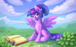 Size: 1598x1000 | Tagged: safe, artist:maytee, twilight sparkle, alicorn, pony, g4, alternate hairstyle, book, chest fluff, cloud, female, flower, looking at you, mare, ponytail, scenery, sitting, smiling, solo, spread wings, twilight sparkle (alicorn), wings