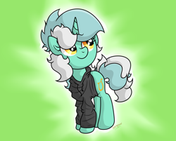 Size: 3095x2487 | Tagged: safe, artist:background basset, lyra heartstrings, pony, unicorn, g4, clothes, dig the swell hoodie, female, green background, high res, hoodie, simple background, smiling, solo