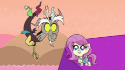 Size: 800x450 | Tagged: safe, screencap, discord, fluttershy, draconequus, pegasus, pony, discord's peak, g4.5, my little pony: pony life, animated, bag, big eyes, dailymotion link, female, floating heart, flying, gif, heart, implied discoshy, implied shipping, implied straight, looking at each other, male, mare, mt. volcanope, raised hoof, shipping fuel, treehouse logo, wings