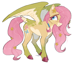 Size: 896x779 | Tagged: safe, artist:dogstoof, fluttershy, pegasus, pony, g4, alternate design, coat markings, colored hooves, colored wings, facial markings, female, flower, flower in hair, flower in tail, hair over one eye, hair wrap, looking at you, mare, pale belly, redesign, simple background, smiling, snip (coat marking), solo, spread wings, standing, tail, tail feathers, three quarter view, transparent background, two toned wings, wings