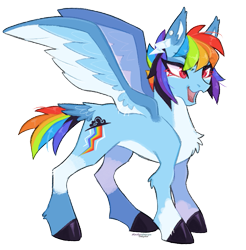 Size: 769x782 | Tagged: safe, artist:dogstoof, rainbow dash, pegasus, pony, g4, alternate design, chest fluff, coat markings, female, mare, open mouth, open smile, pale belly, redesign, simple background, smiling, solo, tail, tail feathers, transparent background
