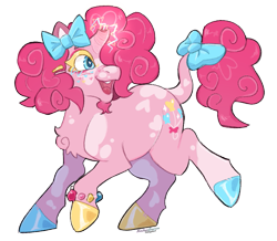 Size: 833x725 | Tagged: safe, artist:dogstoof, pinkie pie, pony, unicorn, g4, alternate design, bow, broken horn, chest fluff, coat markings, colored eyelashes, colored hooves, facial hair, female, goatee, hair bow, horn, leonine tail, mare, multicolored hooves, open mouth, open smile, positive body image, race swap, redesign, simple background, smiling, solo, tail, tail bow, transparent background, unicorn pinkie pie