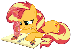 Size: 5029x3609 | Tagged: safe, artist:emeraldblast63, sunset shimmer, pony, unicorn, g4, art, book, commission, female, glowing, glowing horn, horn, magic, pencil, simple background, solo, telekinesis, transparent background
