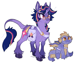 Size: 950x782 | Tagged: safe, artist:dogstoof, spike, twilight sparkle, classical unicorn, dragon, pony, unicorn, g4, alternate cutie mark, alternate design, bag, cloven hooves, curved horn, duo, female, glasses, horn, leash, leonine tail, male, mare, redesign, saddle bag, simple background, sitting, smiling, transparent background, unicorn twilight, unshorn fetlocks, winged spike, wings