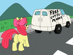 Size: 1280x960 | Tagged: safe, artist:jdmorte, apple bloom, earth pony, pony, g4, butt, dfens, female, filly, free candy, imminent grimdark, plot, rape van, solo, this will not end well, van
