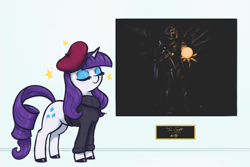 Size: 3000x2000 | Tagged: safe, artist:t72b, rarity, pony, unicorn, g4, art gallery, beatnik rarity, beret, clothes, eyes closed, eyeshadow, female, hat, high res, makeup, mare, plaque, smiling, solo, sparkles, sweater