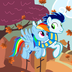 Size: 720x720 | Tagged: safe, artist:mlplary6, rainbow dash, soarin', pony, g4, autumn, boyfriend and girlfriend, clothes, female, flying, leaves, male, scarf, shared clothing, shared scarf, ship:soarindash, shipping, straight
