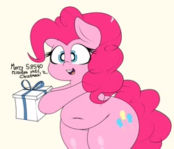 Size: 2362x2036 | Tagged: safe, artist:blitzyflair, pinkie pie, earth pony, pony, g4, belly button, bipedal, christmas, chubby, early, female, happy, high res, holding, holiday, mare, open mouth, plump, present, smiling, solo, talking to viewer, wide hips