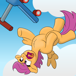 Size: 2500x2500 | Tagged: safe, artist:doodledonutart, scootaloo, pegasus, pony, g4, chest fluff, cloud, falling, female, filly, high res, open mouth, scooter, screaming, solo, this will end in pain, this will end in tears and/or death and/or covered in tree sap, this will not end well
