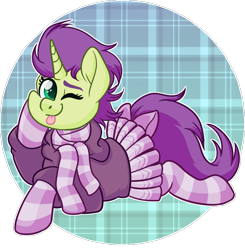 Size: 943x962 | Tagged: safe, artist:binkyt11, oc, oc only, oc:sky spark, pony, unicorn, :p, bow, clothes, commission, female, hoodie, looking at you, lying down, mare, one eye closed, prone, scarf, skirt, socks, solo, striped socks, tail, tail bow, tongue out, wink, winking at you