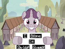 Size: 2048x1536 | Tagged: safe, artist:chanyhuman, starlight glimmer, sugar belle, pony, unicorn, g4, the cutie map, allegory, cult, dark, description at source, description is relevant, deviantart, disturbing, egalitarianism, equal sign, equalized, female, jim jones, jonestown, looking at you, our town, reference, sign, smiling, smiling at you, story included