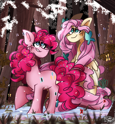 Size: 2500x2700 | Tagged: safe, artist:its_sunsetdraws, fluttershy, pinkie pie, butterfly, earth pony, pegasus, pony, g4, cheek fluff, colored lineart, digital art, fanart, female, forest, forest background, grass, high res, lesbian, looking up, redraw, reflection, ship:flutterpie, shipping, standing in water