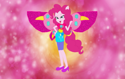 Size: 1043x664 | Tagged: safe, artist:selenaede, artist:user15432, pinkie pie, fairy, equestria girls, g4, base used, charmix, clothes, crossover, cutie mark, cutie mark on clothes, element of laughter, fairy wings, fairyized, female, hand on hip, high heels, magic winx, open mouth, pink wings, ponied up, shoes, solo, wings, winx, winx club, winxified