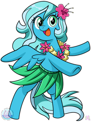 Size: 774x1033 | Tagged: safe, artist:chibi-jen-hen, artist:mewtwo-ex, oc, oc:sea sailor, pegasus, pony, bipedal, blue, clothes, cute, dancing, female, flower, grass skirt, green eyes, hibiscus, hula, hula dance, lei, looking at you, mare, mascot, ocbetes, pegasus oc, simple background, skirt, smiling, smiling at you, solo, spread wings, transparent background, wings