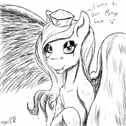 Size: 3241x3241 | Tagged: safe, artist:mixdaponies, oc, oc only, oc:sea sailor, pegasus, pony, :p, bad girl, black and white, blue, chest, corrupted, dripping, evil grin, fangs, feather, feathered wings, female, folded wings, grayscale, green eyes, grin, hat, high res, lidded eyes, mare, monochrome, pegasus oc, sailor, sailor hat, signature, sketch, smiling, solo, spread wings, talking, talking to viewer, tongue out, wicked, wings