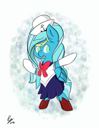 Size: 3199x4116 | Tagged: safe, artist:phin-the-pie, oc, oc only, oc:sea sailor, pegasus, pony, anchor, blue, boots, bow, bowtie, clothes, cosplay, costume, crest, crossover, cute, ear fluff, female, green eyes, happy, hat, mare, no pupils, pegasus oc, peytral, pointing, sailor, sailor hat, sailor moon (series), sailor uniform, shoes, signature, simple background, skirt, small mouth, socks, uniform