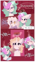 Size: 1166x2048 | Tagged: safe, artist:kebchach, oc, oc only, oc:brogle, pony, unicorn, comic:chicas, alcohol, bedroom eyes, blushing, box, comic, drinking, drunk, female, ice cube, magic, magic aura, makeup, patreon, text