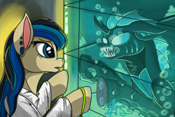 Size: 1024x683 | Tagged: safe, artist:moonlightstrange, oc, oc only, changeling, earth pony, hybrid, original species, pony, blue eyes, blue mane, bubble, clothes, concept art, fangs, female, gills, glass, lab coat, looking at each other, open mouth, signature, teeth, the shape of water, underwater, water