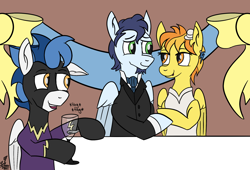 Size: 1802x1225 | Tagged: safe, artist:whirlwindflux, soarin', spitfire, oc, oc:whirlwind flux, pegasus, pony, firestarter spitfire, g4, clothes, costume, dress, facial hair, female, glass, goatee, looking at each other, male, mare, marriage, shadowbolts costume, ship:soarinfire, shipping, stallion, straight, tuxedo mask, wedding, wedding dress, wine glass