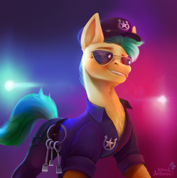 Size: 2892x2900 | Tagged: safe, artist:khvorost162, artist:mithriss, hitch trailblazer, earth pony, pony, g5, my little pony: a new generation, absurd file size, collaboration, grin, high res, male, sheriff, smiling, solo, stallion, stupid sexy hitch trailblazer, sunglasses