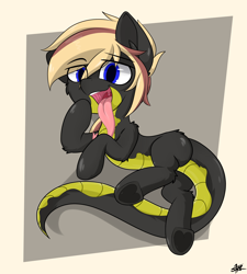 Size: 2700x3000 | Tagged: safe, artist:starmaster, oc, oc only, oc:stagger startling, alp-luachra, original species, forked tongue, high res, inviting, long tail, long tongue, male, predator, solo, tail, teasing, tongue out, underhoof, uvula