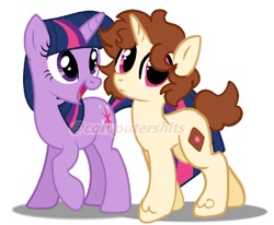 Size: 698x575 | Tagged: safe, artist:cutiesparke, twilight sparkle, oc, oc:chocolate panini, pony, unicorn, g4, brown mane, canon x oc, curly hair, duo, female, looking at you, male, pink eyes, shadow, shipping, short tail, show accurate, simple background, straight, tail, twinini, two toned mane, unicorn twilight, unshorn fetlocks, walking, watermark, white background