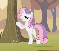 Size: 1058x921 | Tagged: safe, artist:andoanimalia, edit, sweetie belle, pony, unicorn, g4, bedroom eyes, bipedal, bipedal leaning, butt, female, grass, leaning, look at my butt, looking at you, looking back, looking back at you, mare, missing cutie mark, older, older sweetie belle, open mouth, open smile, plot, pose, smiling, solo, tree