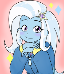 Size: 640x740 | Tagged: safe, artist:batipin, trixie, equestria girls, g4, blushing, clothes, cute, diatrixes, eyebrows, eyebrows visible through hair, eyelashes, female, hairpin, hand, hoodie, looking at you, simple background, smiling, smiling at you, solo, zipper