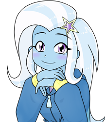 Size: 640x740 | Tagged: safe, alternate version, artist:batipin, trixie, equestria girls, g4, blushing, clothes, cute, diatrixes, eyebrows, eyebrows visible through hair, eyelashes, female, hairpin, hand, hoodie, looking at you, simple background, smiling, smiling at you, solo, transparent background, zipper
