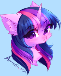 Size: 1196x1500 | Tagged: safe, artist:airiniblock, twilight sparkle, pony, collaboration:too many twilight, rcf community, g4, :o, blue background, blushing, bust, cheek fluff, chest fluff, collaboration, cute, ear fluff, female, fluffy, looking at you, mare, neck fluff, open mouth, portrait, simple background, solo, twiabetes
