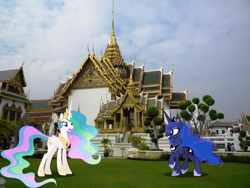 Size: 2800x2100 | Tagged: safe, artist:dashiesparkle, princess celestia, princess luna, alicorn, pony, g4, bangkok, crown, female, high res, irl, jewelry, mare, open mouth, photo, ponies in real life, regalia, royal sisters, siblings, sisters, smiling, thailand