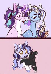 Size: 1336x1923 | Tagged: safe, artist:orphicswanart, starlight glimmer, trixie, oc, oc only, oc:jade, oc:lullaby, badger, big cat, honey badger, pony, tiger, unicorn, g4, female, lesbian, magical lesbian spawn, offspring, parent:starlight glimmer, parent:trixie, parents:startrix, ship:startrix, shipping, solo