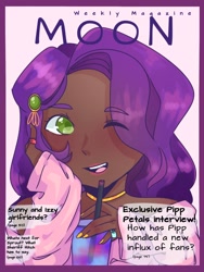 Size: 768x1024 | Tagged: safe, artist:edgiest_jazzy, pipp petals, human, g5, my little pony: a new generation, dark skin, female, humanized, implied hitch trailblazer, implied izzy moonbow, implied lesbian, implied moonscout, implied shipping, implied sprout cloverleaf, implied sunny starscout, magazine, one eye closed, solo, wink