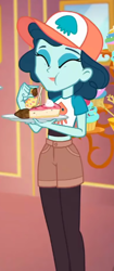 Size: 268x641 | Tagged: safe, screencap, ink jet, equestria girls, equestria girls specials, g4, my little pony equestria girls: better together, my little pony equestria girls: spring breakdown, cake, cropped, eating, eyes closed, female, food, hat, pie, solo