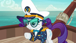 Size: 1920x1080 | Tagged: safe, screencap, rarity, pony, g4, ppov, boat, captain rarity, clothes, female, ocean, solo